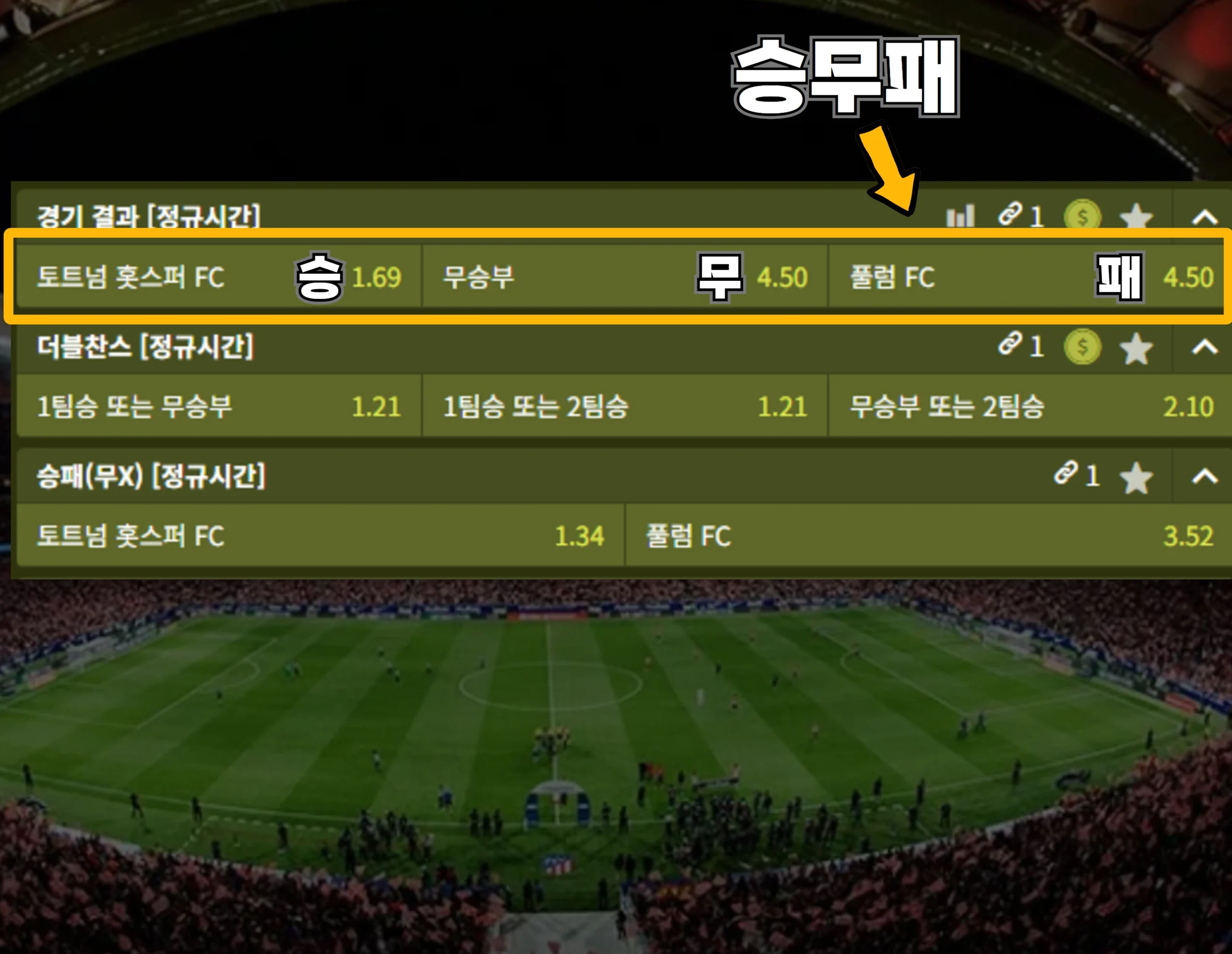 영국 프리미엄 리그 토트넘 VS 폴럼 경기 승무패 베팅 화면