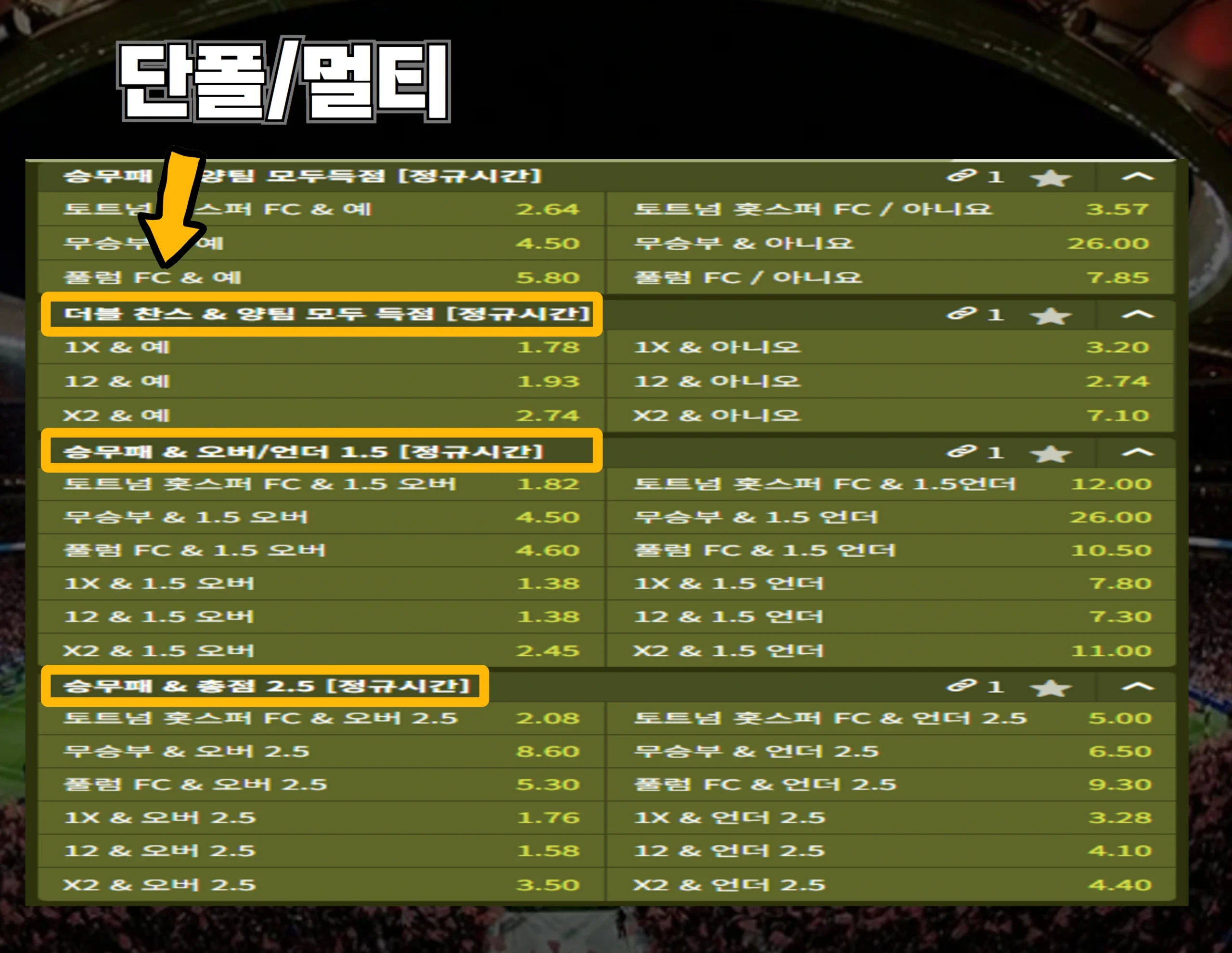 영국 프리미엄 리그 토트넘 VS 폴럼 경기 단폴/멀티 베팅 화면